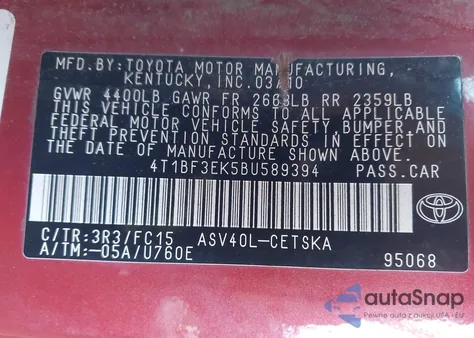 2011 Toyota Camry Se из США, поврежденный, VIN 4T1BF3EK5BU589394